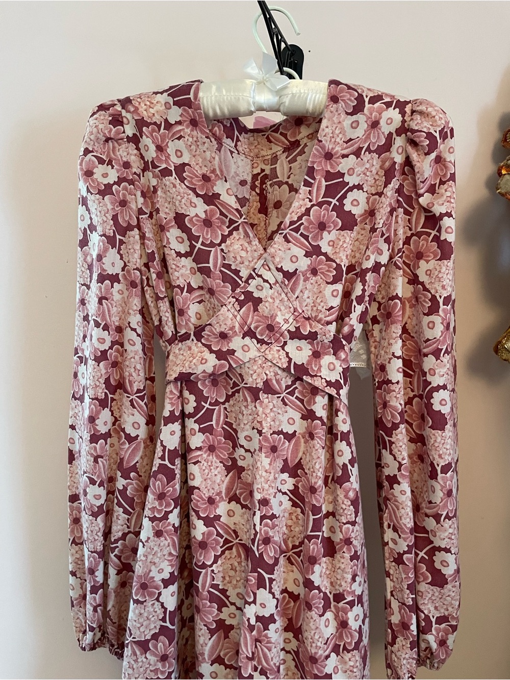 70s Muted Floral PrairieDress w Ruffle Hem Long Sleeves Tie Waist